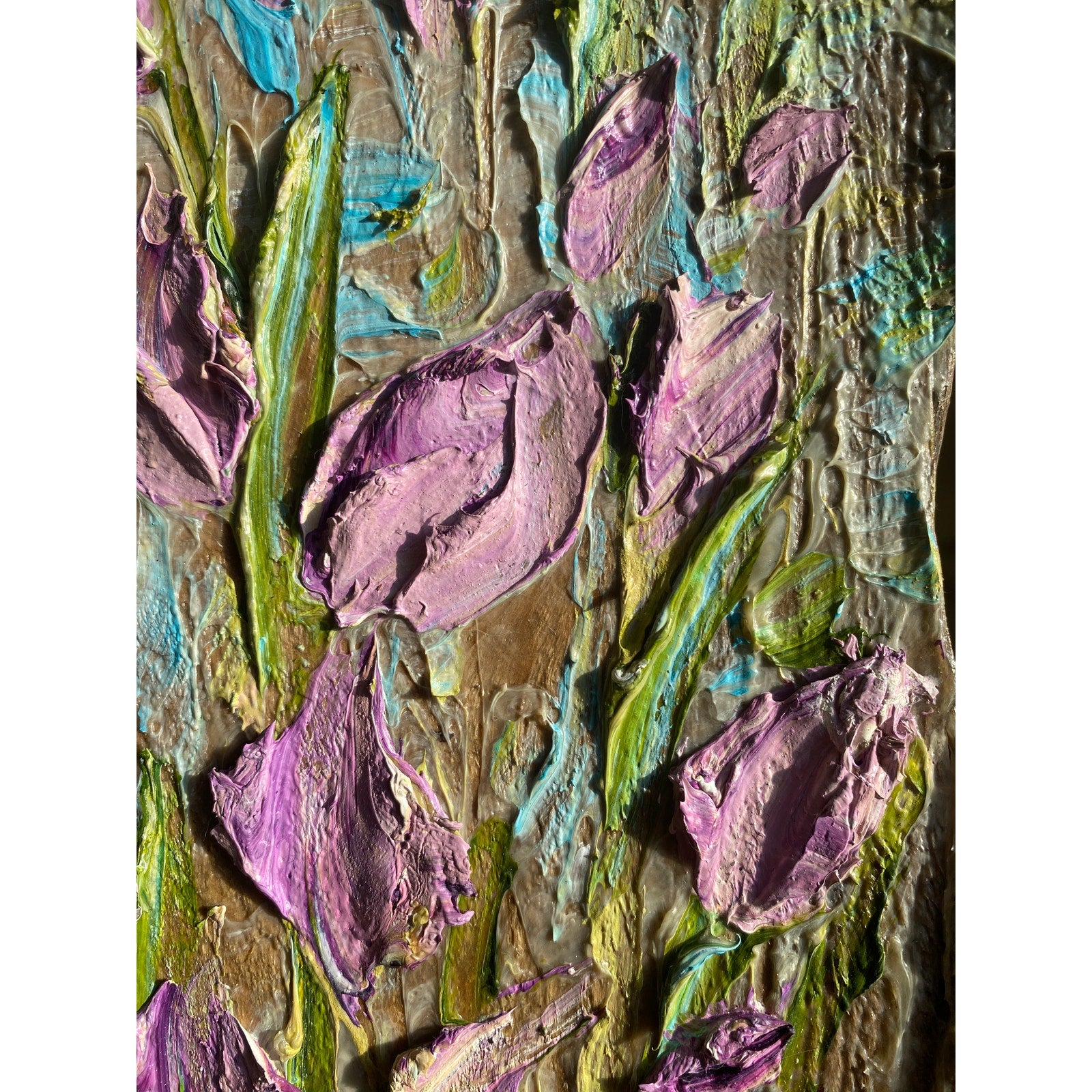ORIGINAL Purple tulips Small Floral landscape oil painting, Textured Abstract Tactile Art on wood