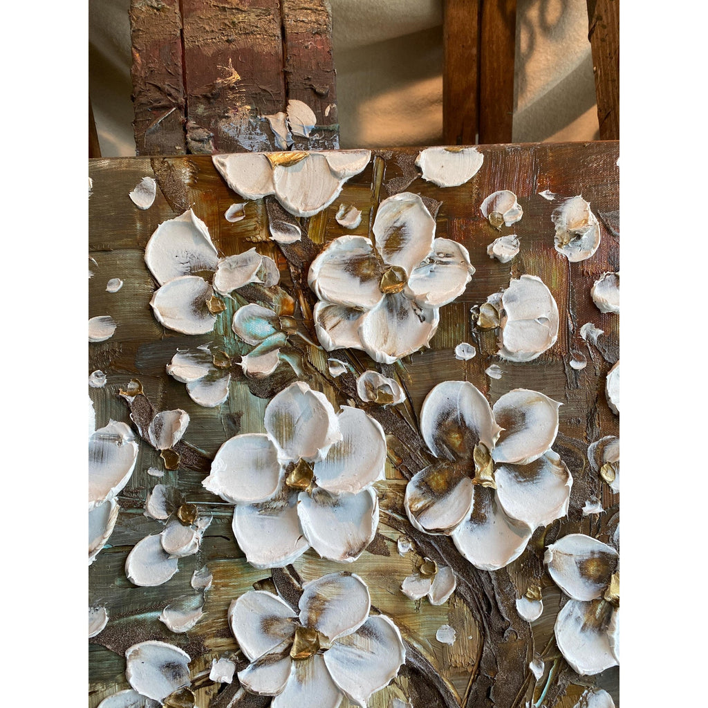Textured Original White Cherry Blossom Palette Knife Impasto Painting (24x24")