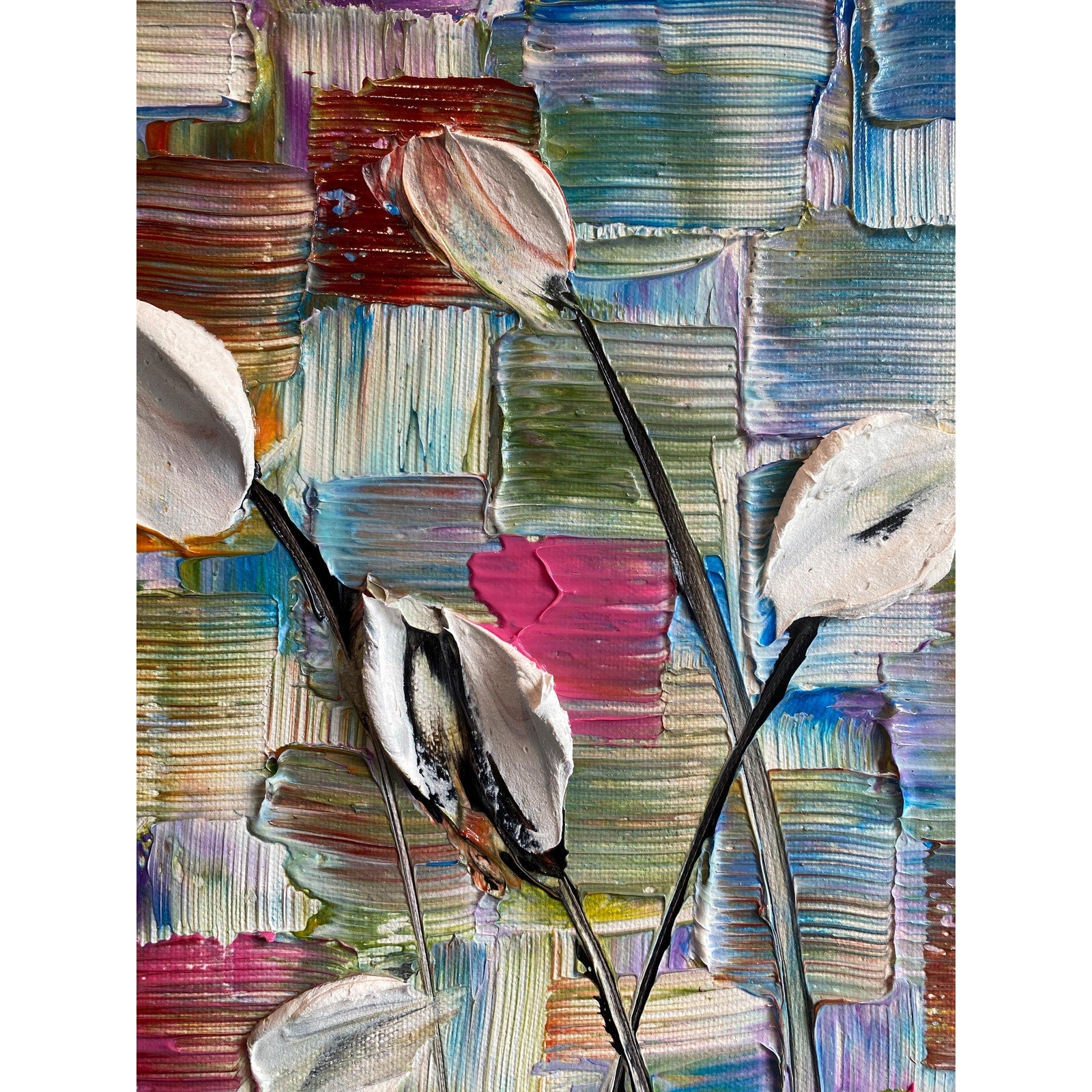 Original White Tulips Impasto Painting, Palette Knife Textured Art (20"x20")