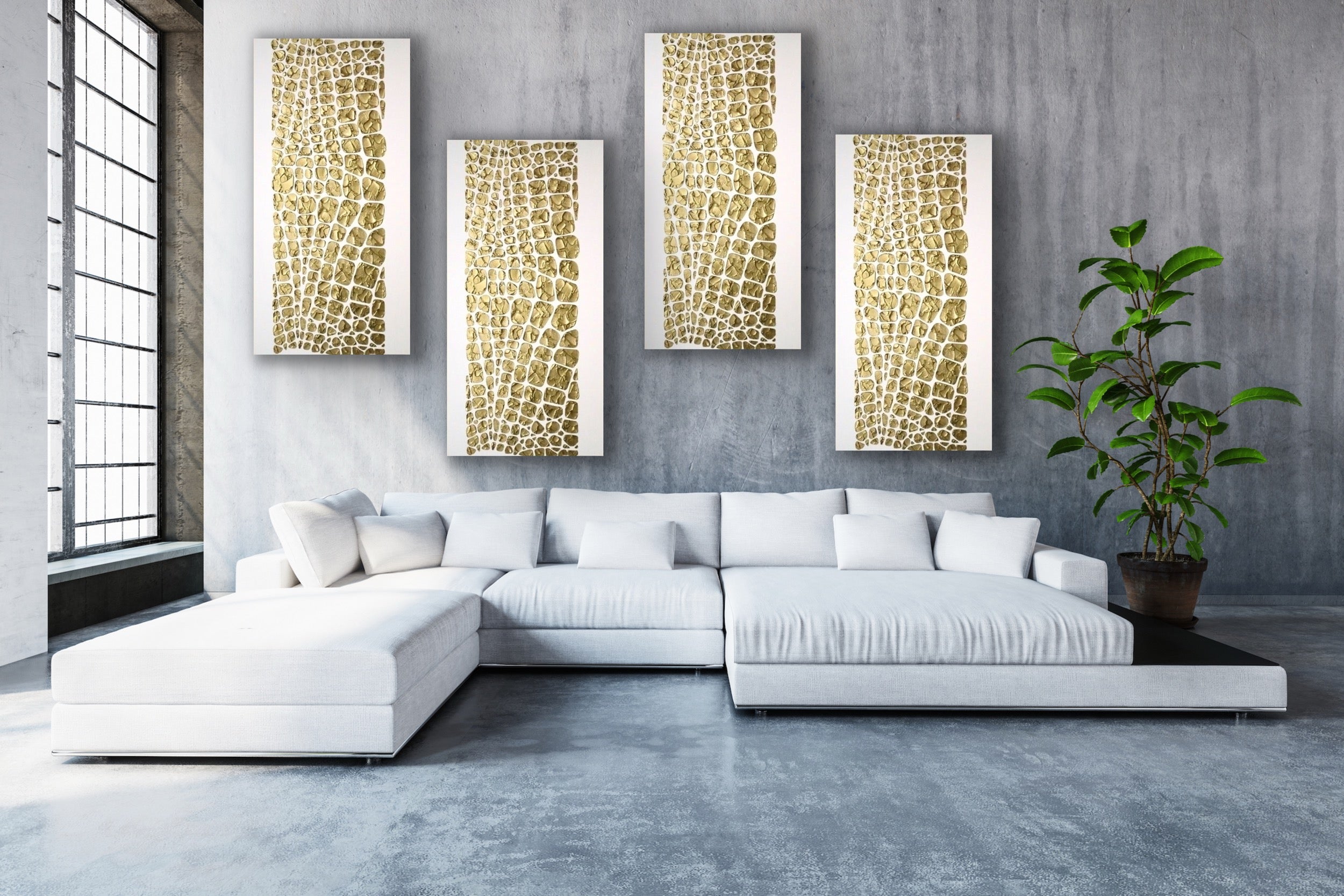 Original white and gold Textured Large Abstract Art MADE2ORDER Mosaic Painting (48”x24”)