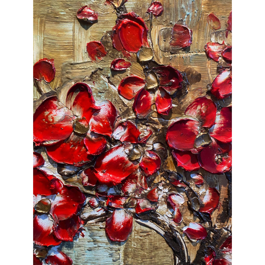 Original Red Cherry Blossom Tree Painting, Palette Knife Impasto Textured Fine Art (36x24")