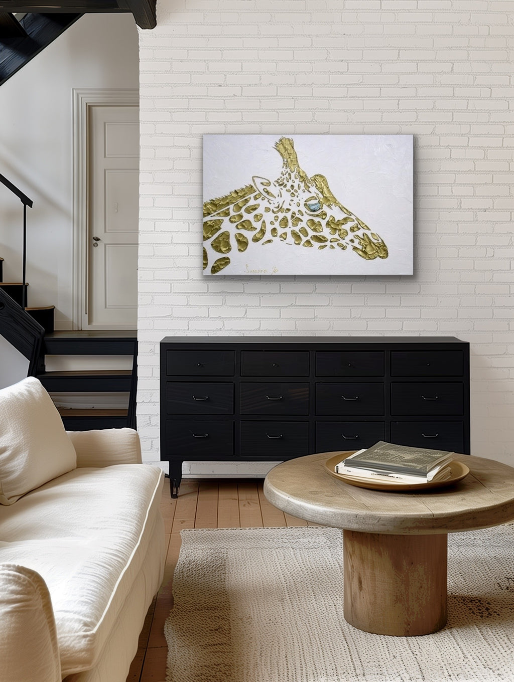 Abstract Original Giraffe Painting, Gold On White, palette knife impasto, 24”x36” MADE2ORDER