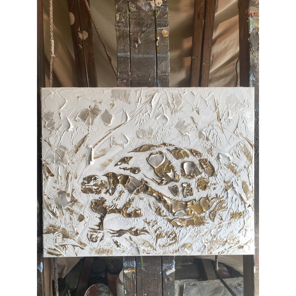 Turtle ORIGINAL Animal Art Abstract White & Gold Textured painting, Handmade Artwork Canvas wall art