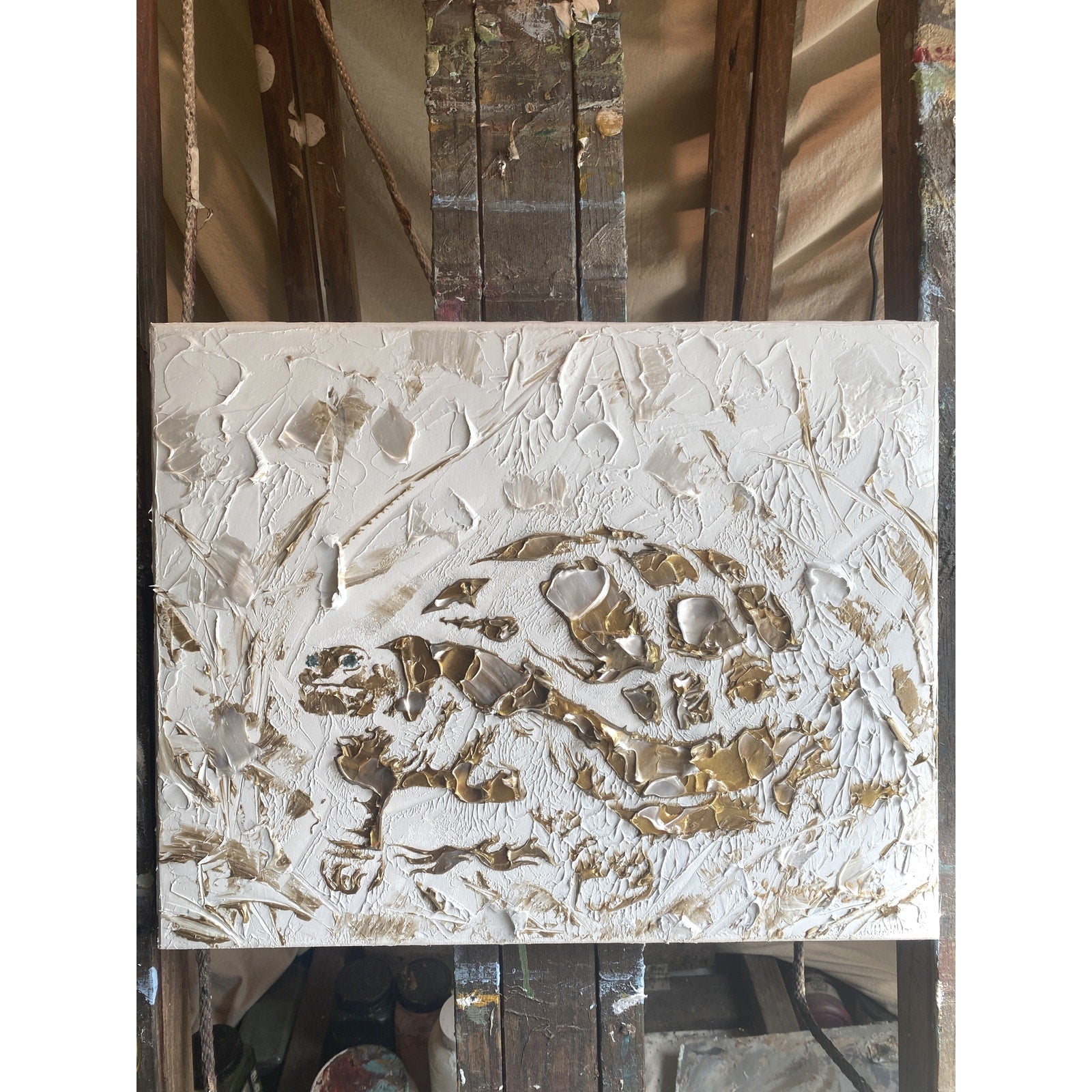 Turtle ORIGINAL Animal Art Abstract White & Gold Textured painting, Handmade Artwork Canvas wall art