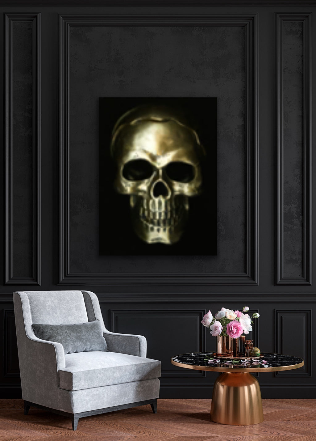 Gold skull on black goth Original Photography Halloween Wall art decor, Stretched Canvas, Fine Art Giclee PRINT, Small-X large, Susanna Shap