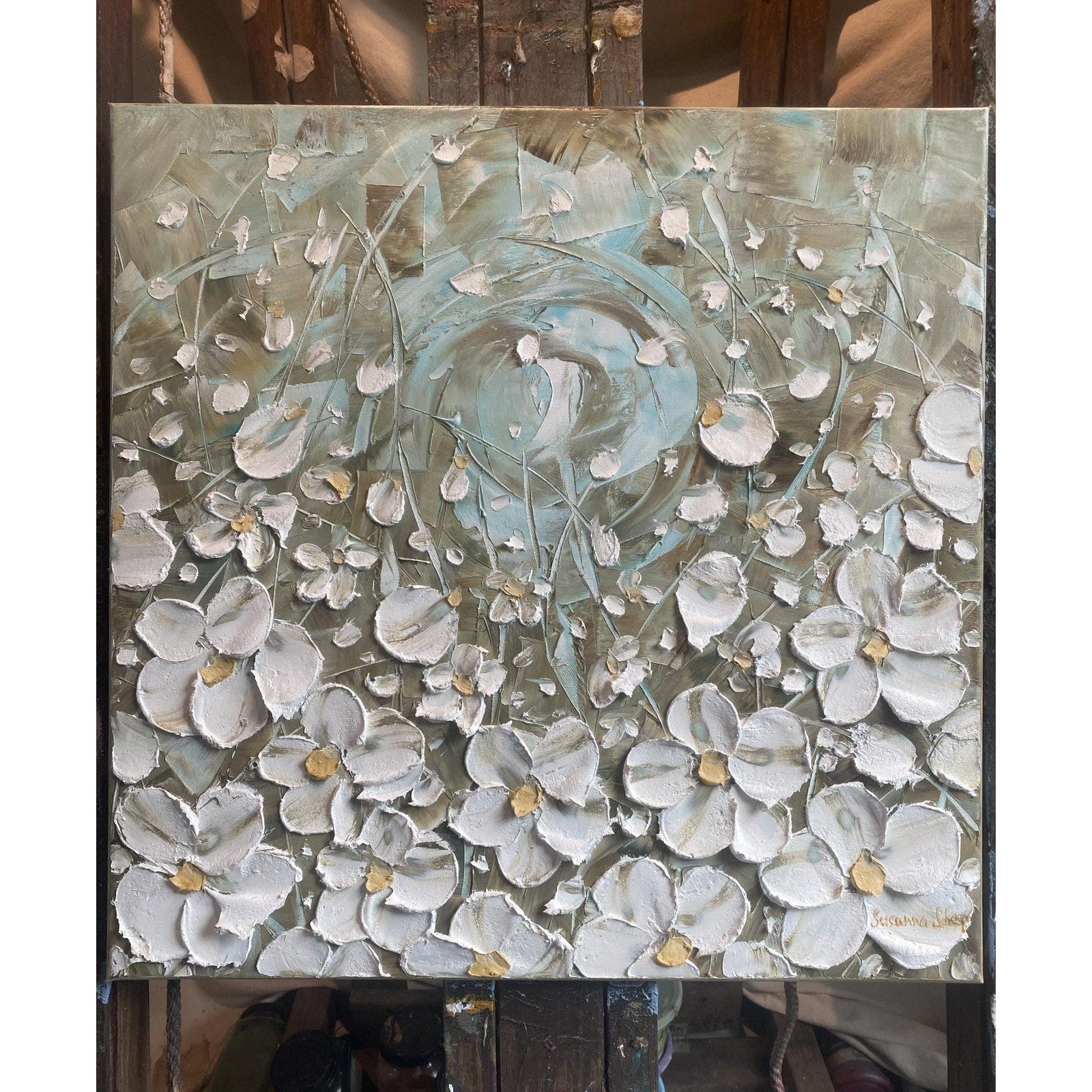 ORIGINAL abstract floral oil painting landscape on canvas white flowers impasto Textured Palette knife Wall Art 20x20" by Susanna Shap