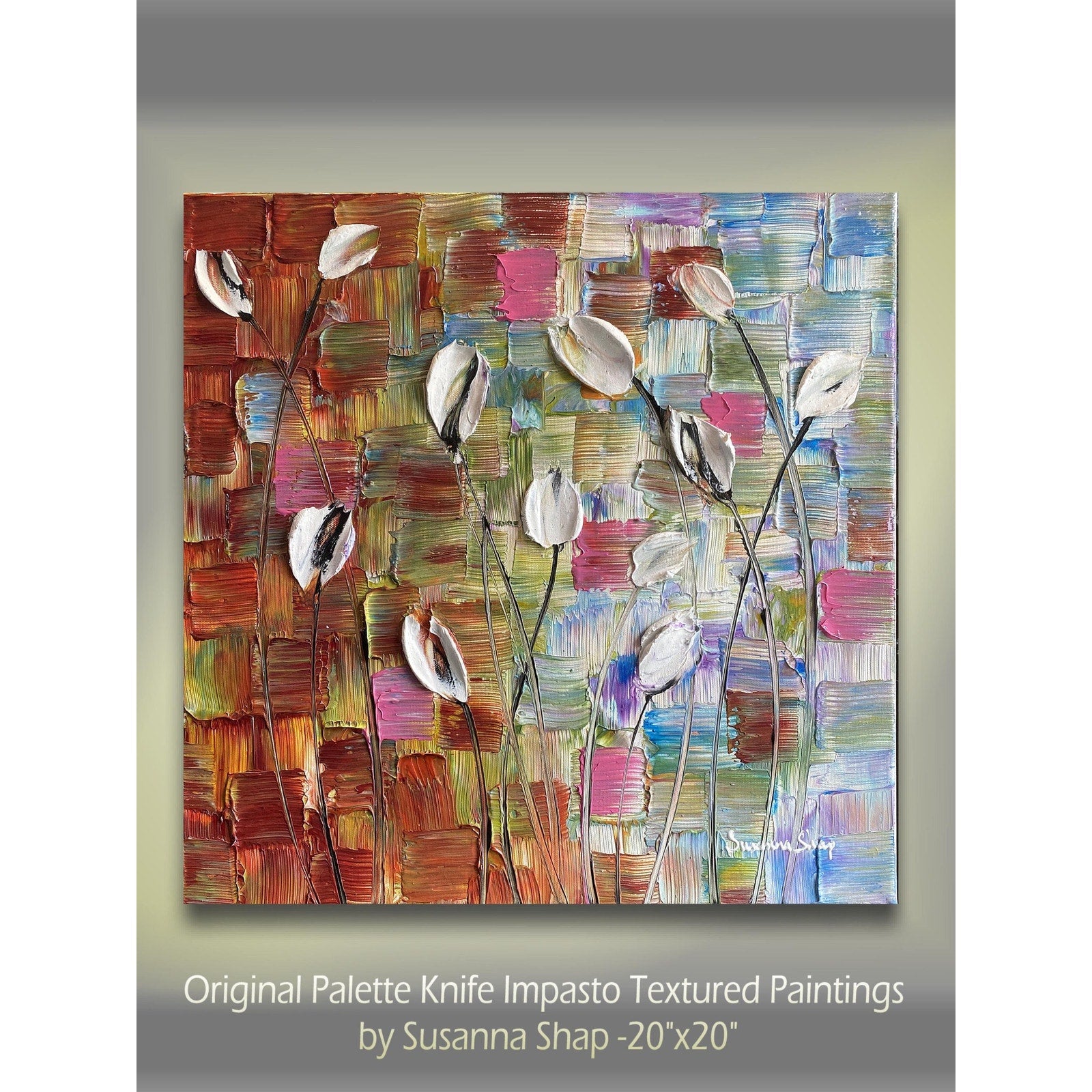 Original White Tulips Impasto Painting, Palette Knife Textured Art (20"x20")