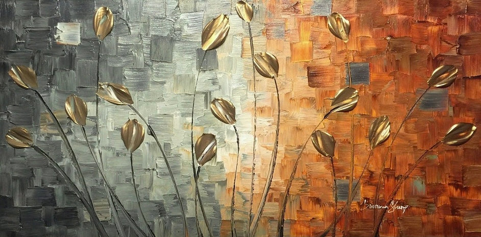 Original Gold Tulips Abstract Landscape No.1 Earth tones Grey Brown Impasto Textured painting palette knife art by susanna shap (MADE2ORDER)