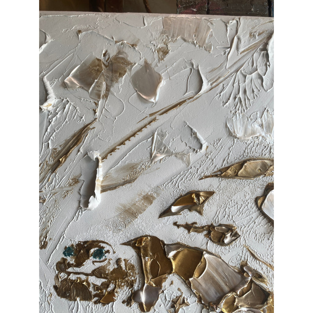 Turtle ORIGINAL Animal Art Abstract White & Gold Textured painting, Handmade Artwork Canvas wall art