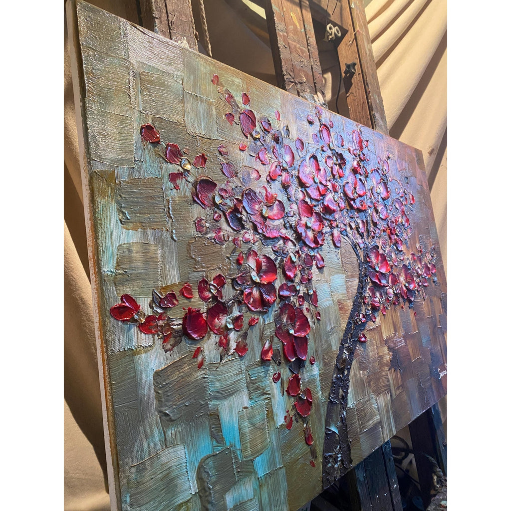 Original Red Cherry Blossom Tree Painting, Palette Knife Impasto Textured Fine Art (36x24")