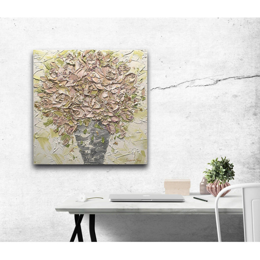 Mauve pink Roses floral oil painting bouquet still life ORIGINAL on canvas impasto Textured Palette knife Art 20x20" by Susanna Shap
