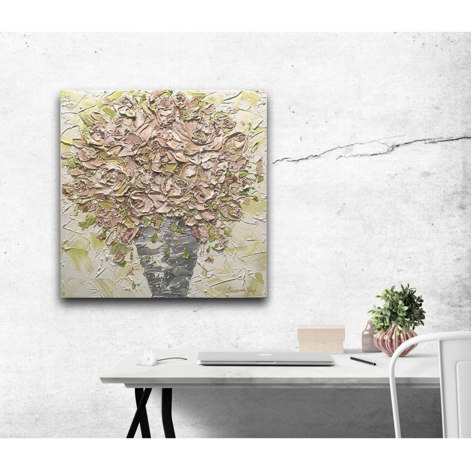 Mauve pink Roses floral oil painting bouquet still life ORIGINAL on canvas impasto Textured Palette knife Art 20x20" by Susanna Shap