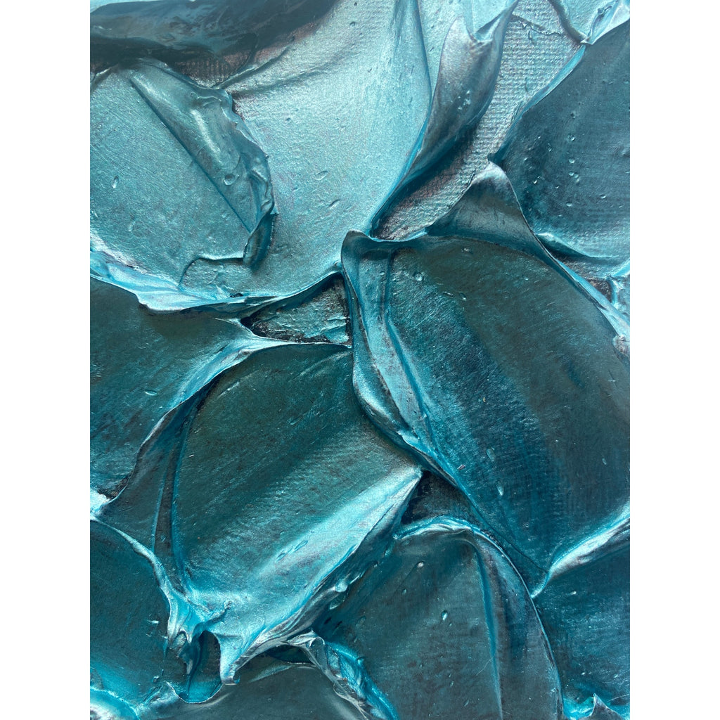 ORIGINAL Abstract Textured painting Metallic Aquamarine Blue, Palette knife Impasto Small 8" x 8"