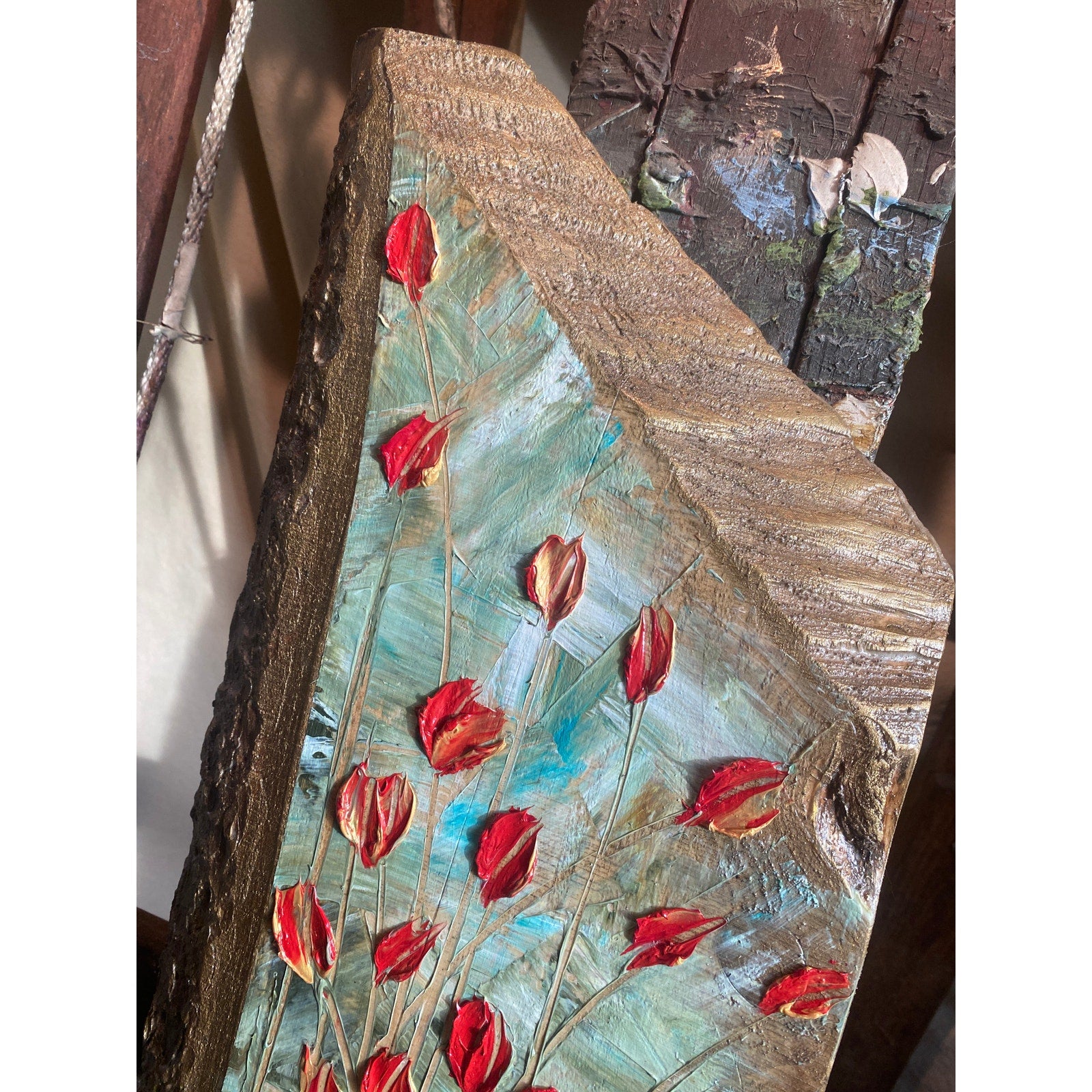 ORIGINAL Tulips Small Floral landscape oil painting, palette knife textured tactile impasto on wood- by Susanna Shap