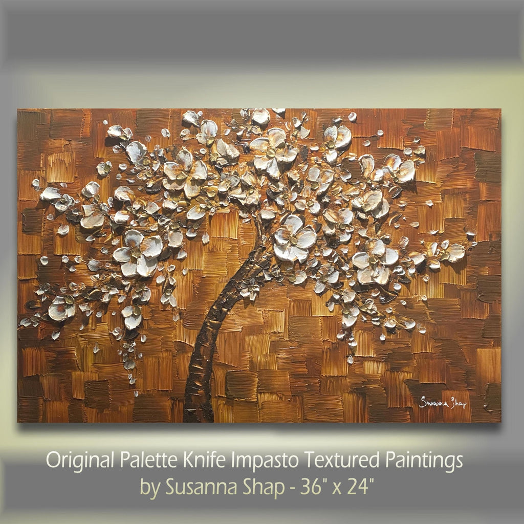 Original textured abstract tree painting, brown and white Cherry Blossom Impasto , Palette Knife impasto fine Art (36x24")