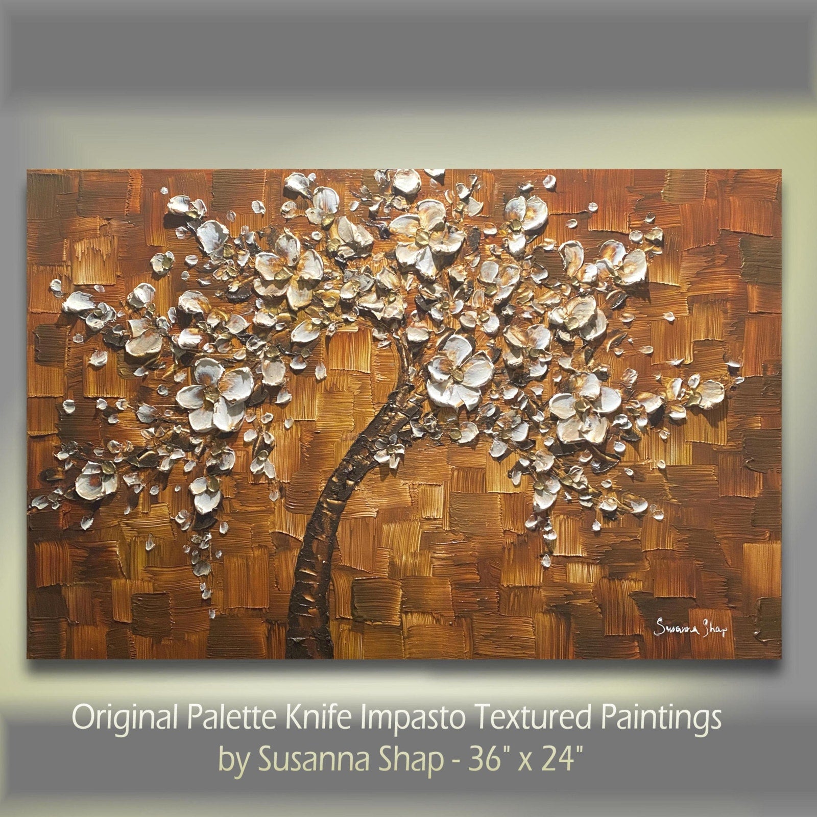 Original textured abstract tree painting, brown and white Cherry Blossom Impasto , Palette Knife impasto fine Art (36x24")
