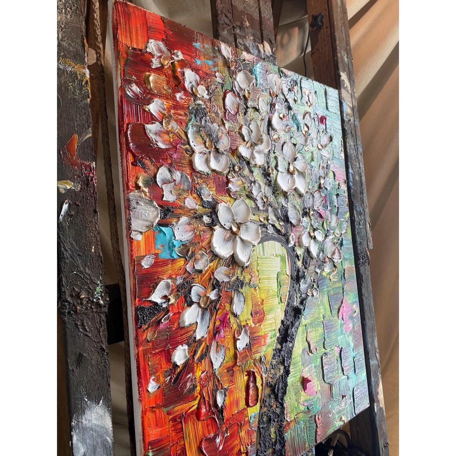 Original Palette Knife Cherry Blossom Painting, Textured Impasto Art (18"x24")