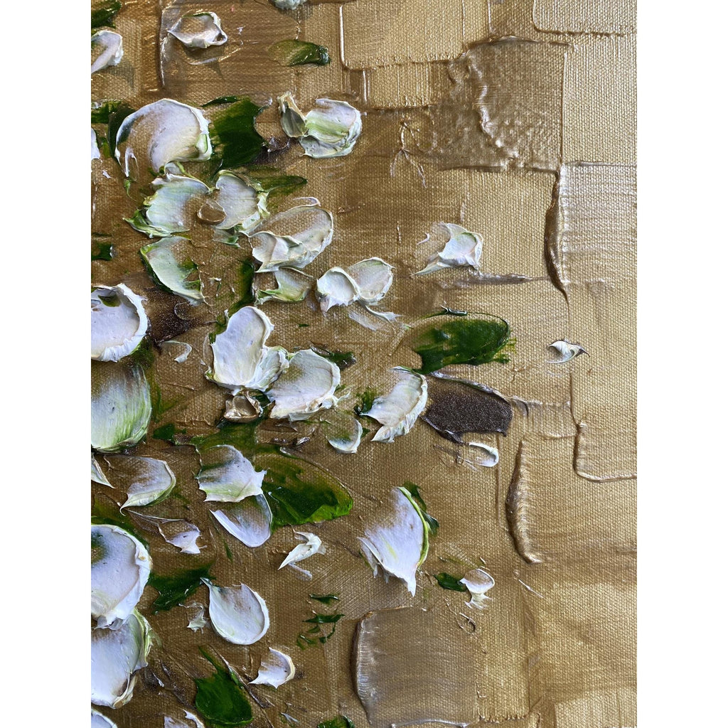 Original White Blossom Flowers Bouquet in vase floral still life Textured Impasto Painting, Palette Knife Fine Art (24"x36")