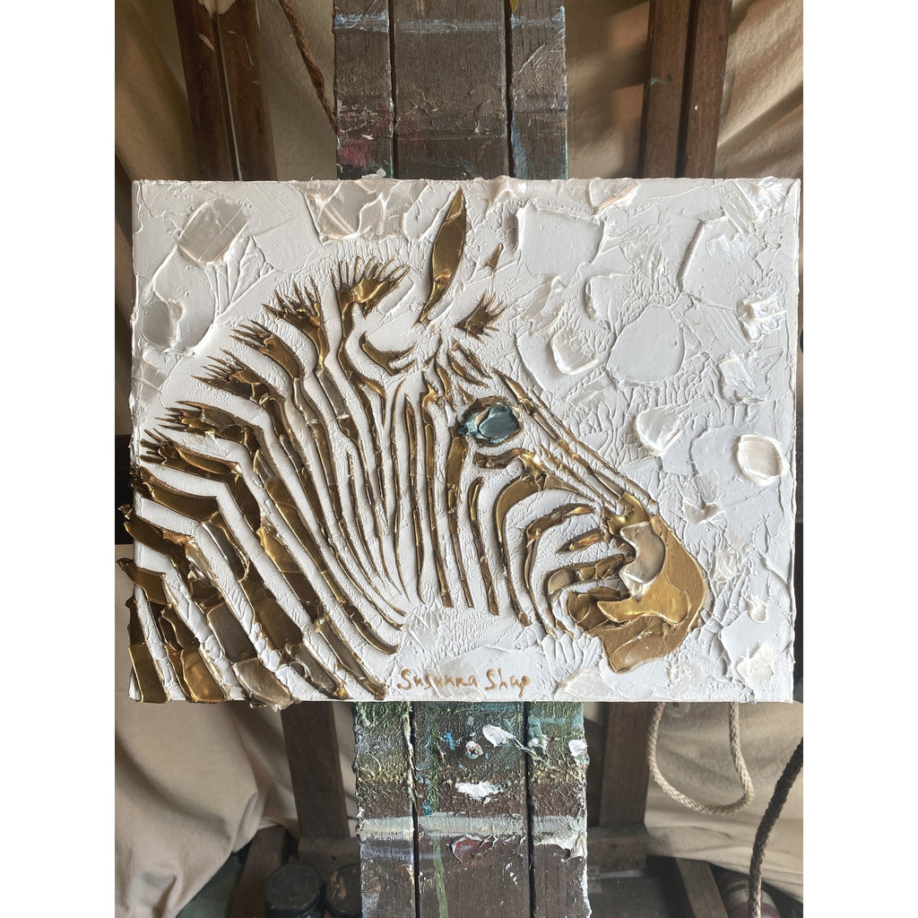 Zebra, ORIGINAL Animal Art Abstract White & Gold Textured painting, Handmade Canvas wall art