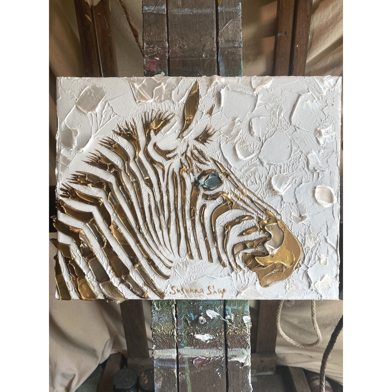 Zebra, ORIGINAL Animal Art Abstract White & Gold Textured painting, Handmade Canvas wall art