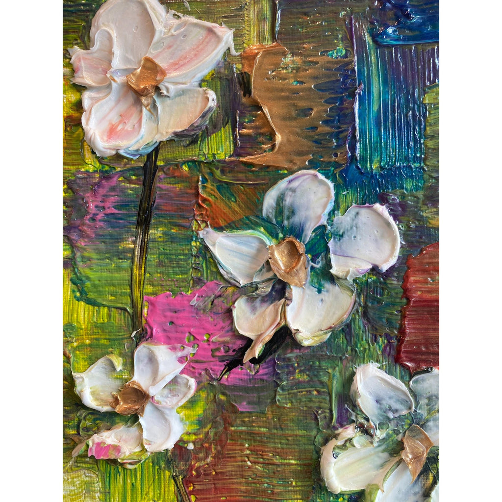 Original Abstract textured white flowers art, multicolored Palette Knife Impasto Painting: 18"x24" by Susanna Shap