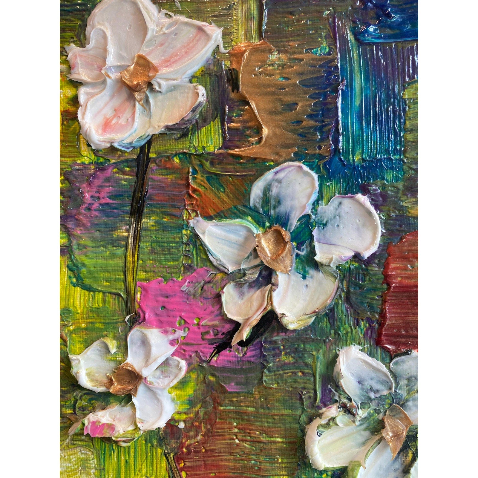 Original Abstract textured white flowers art, multicolored Palette Knife Impasto Painting: 18"x24" by Susanna Shap