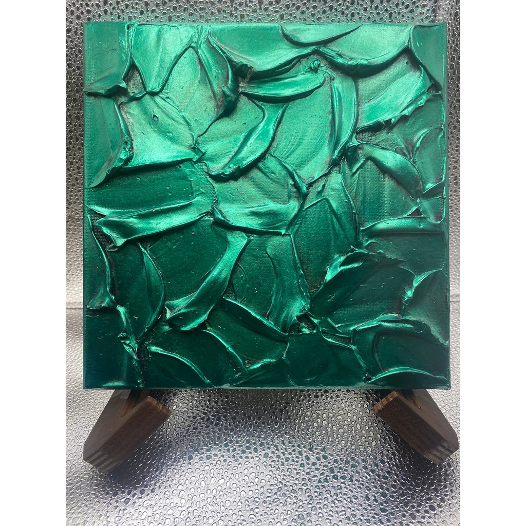 ORIGINAL Abstract Metallic Green Emerald Textured painting, Palette knife Impasto Small 8" x 8"