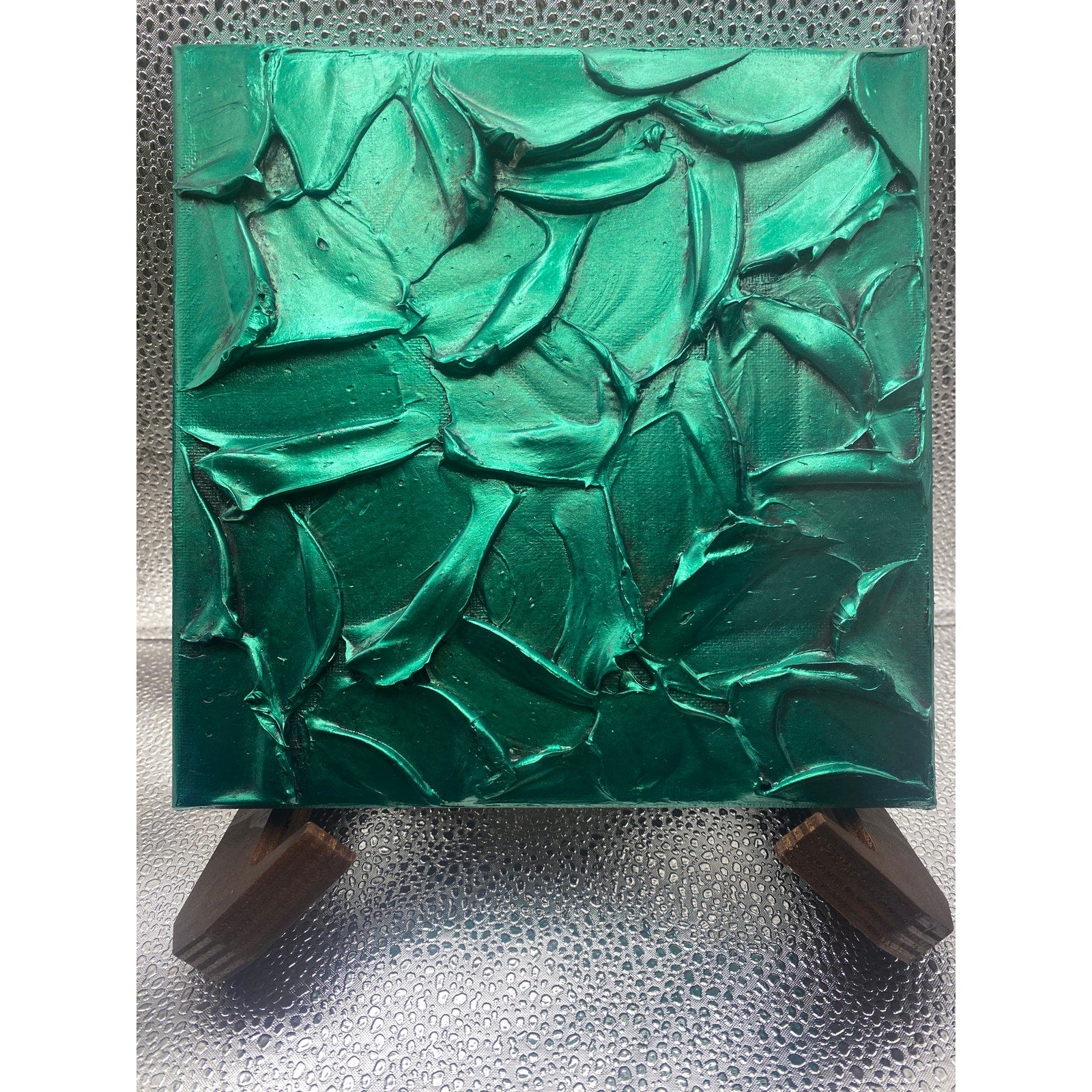 ORIGINAL Abstract Metallic Green Emerald Textured painting, Palette knife Impasto Small 8" x 8"