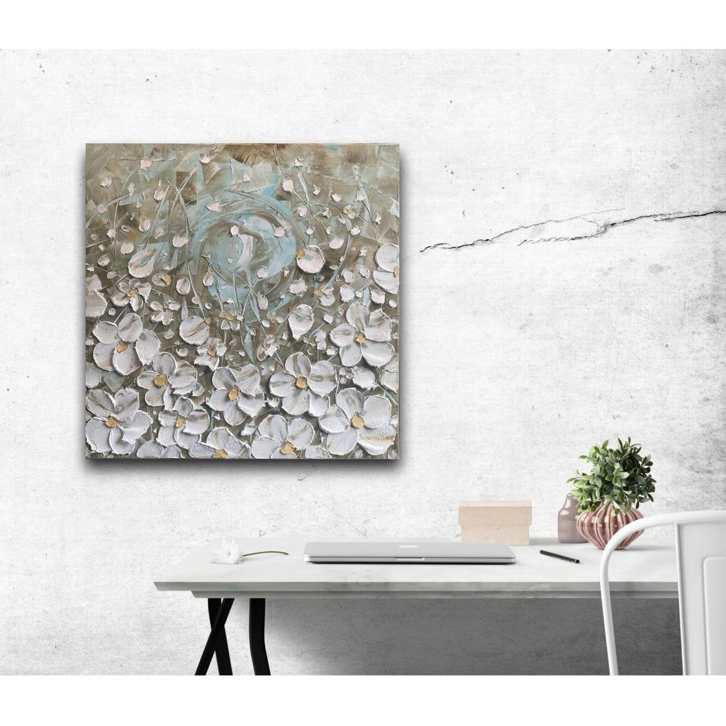 ORIGINAL abstract floral oil painting landscape on canvas white flowers impasto Textured Palette knife Wall Art 20x20" by Susanna Shap