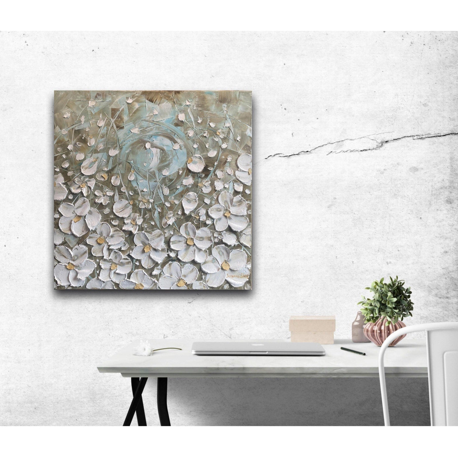 ORIGINAL abstract floral oil painting landscape on canvas white flowers impasto Textured Palette knife Wall Art 20x20" by Susanna Shap