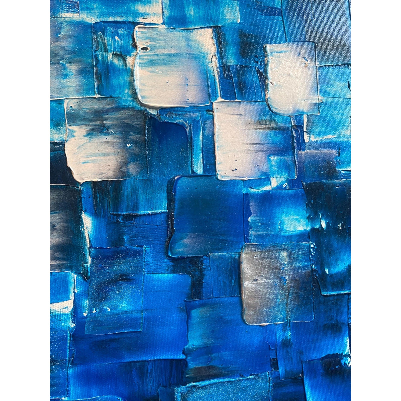ORIGINAL Black Blue tonal large abstract painting Textured Squares Geometric Palette knife Art 48"x24" - by Susanna Shap