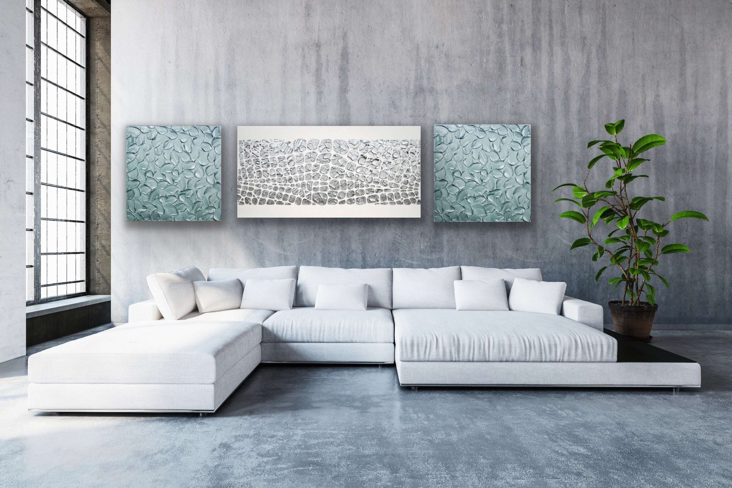 Original painting, metallic silver on white, Textured Large Abstract Art MADE2ORDER Mosaic Painting (48”x24”)