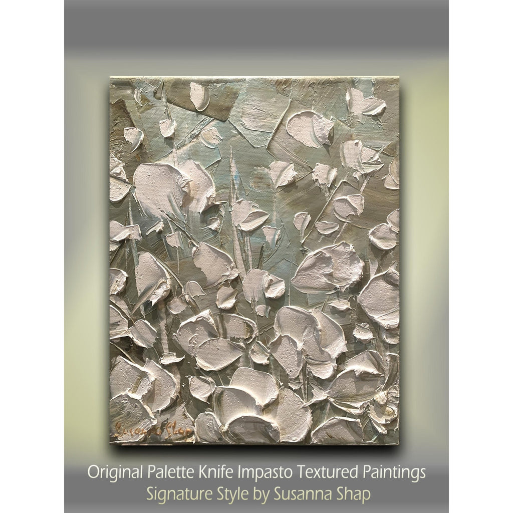 ORIGINAL small oil painting floral white poppies flowers landscape oil on canvas Textured Palette knife art 8x10” - Susanna Shap