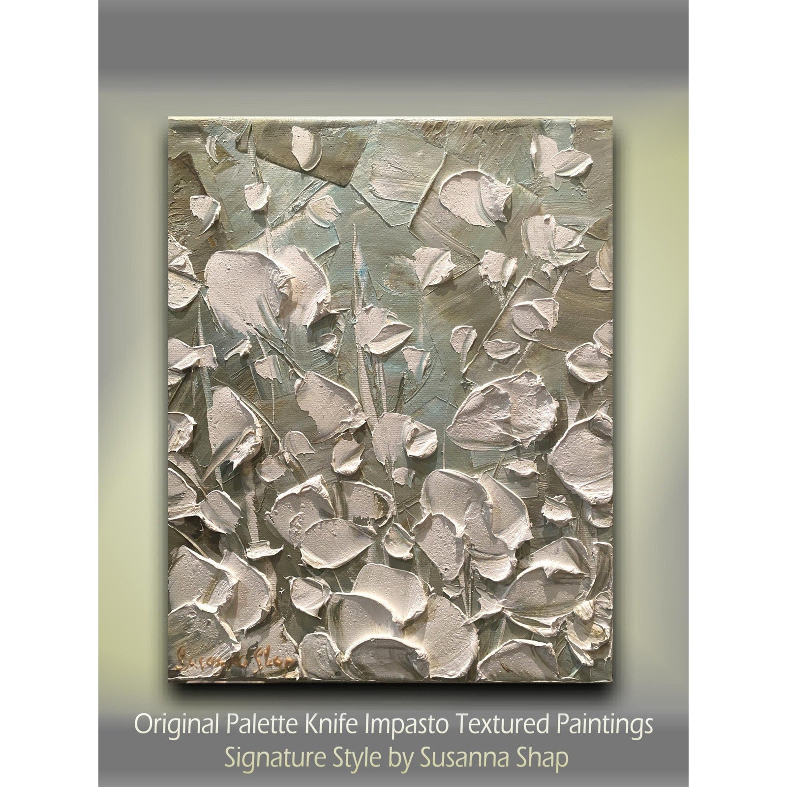 ORIGINAL small oil painting floral white poppies flowers landscape oil on canvas Textured Palette knife art 8x10” - Susanna Shap