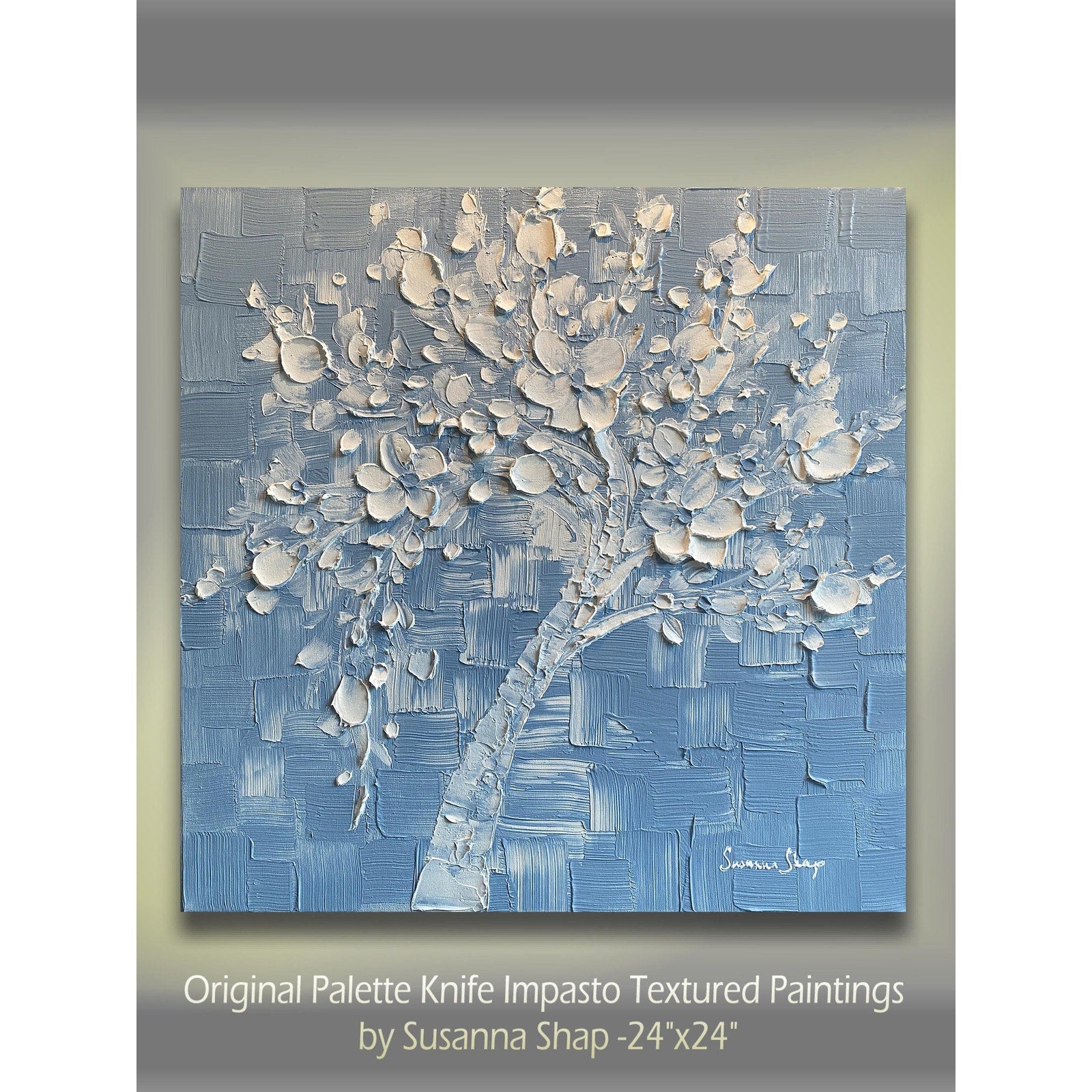 Wedgewood Blue Original Palette Knife Impasto Painting: White Cherry Blossoms tree (24"x24")