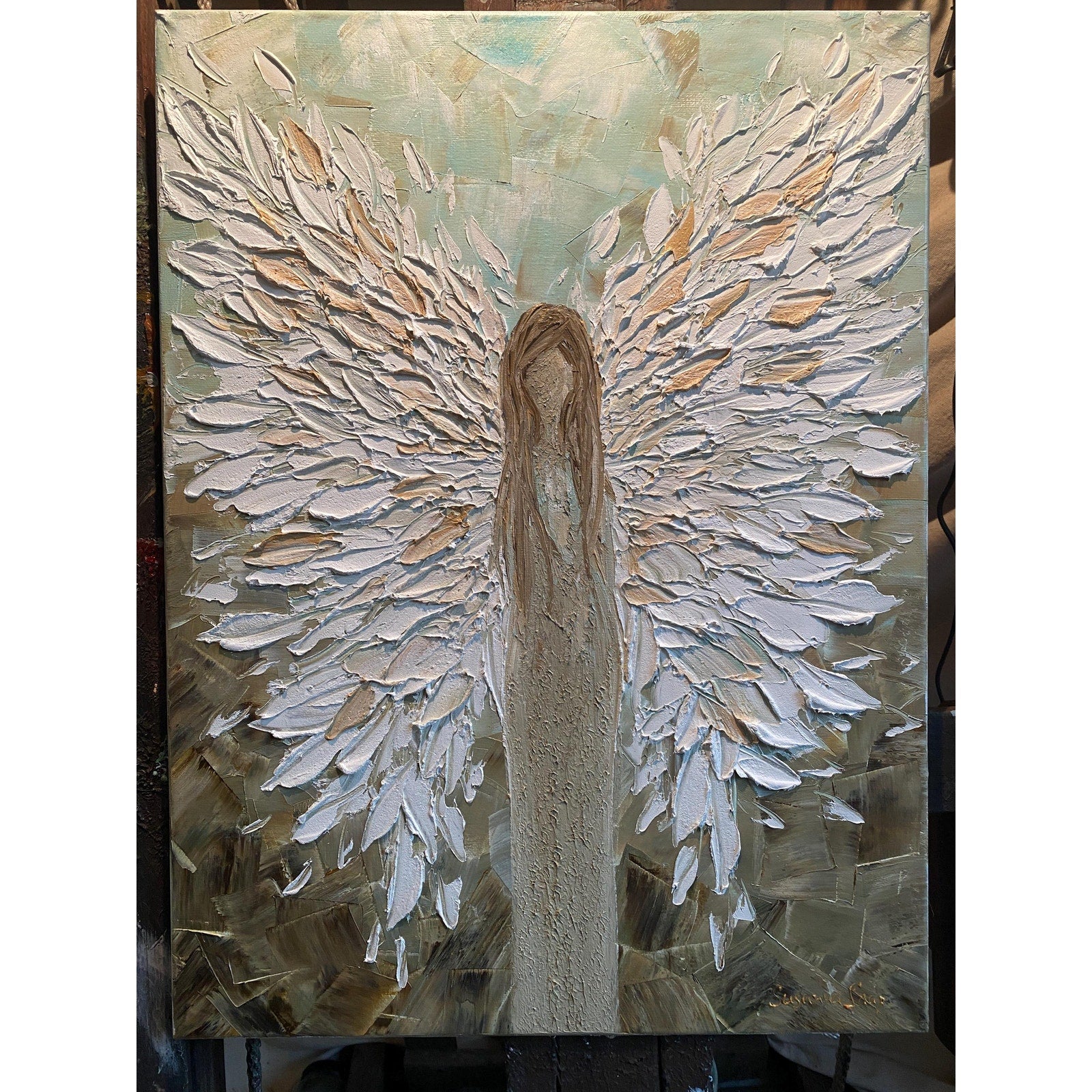 ORIGINAL angel abstract oil painting on canvas impasto Textured Palette knife white Angel wings Wall Art 20x20" by Susanna Shap