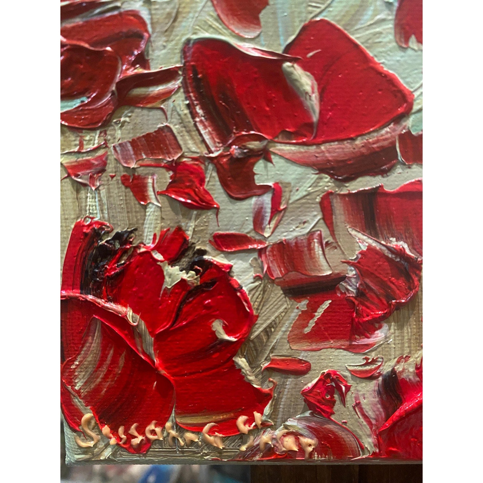 ORIGINAL small oil painting of dragonfly and red poppy flowers landscape on canvas Textured Palette knife art 8x8” by Susanna Shap