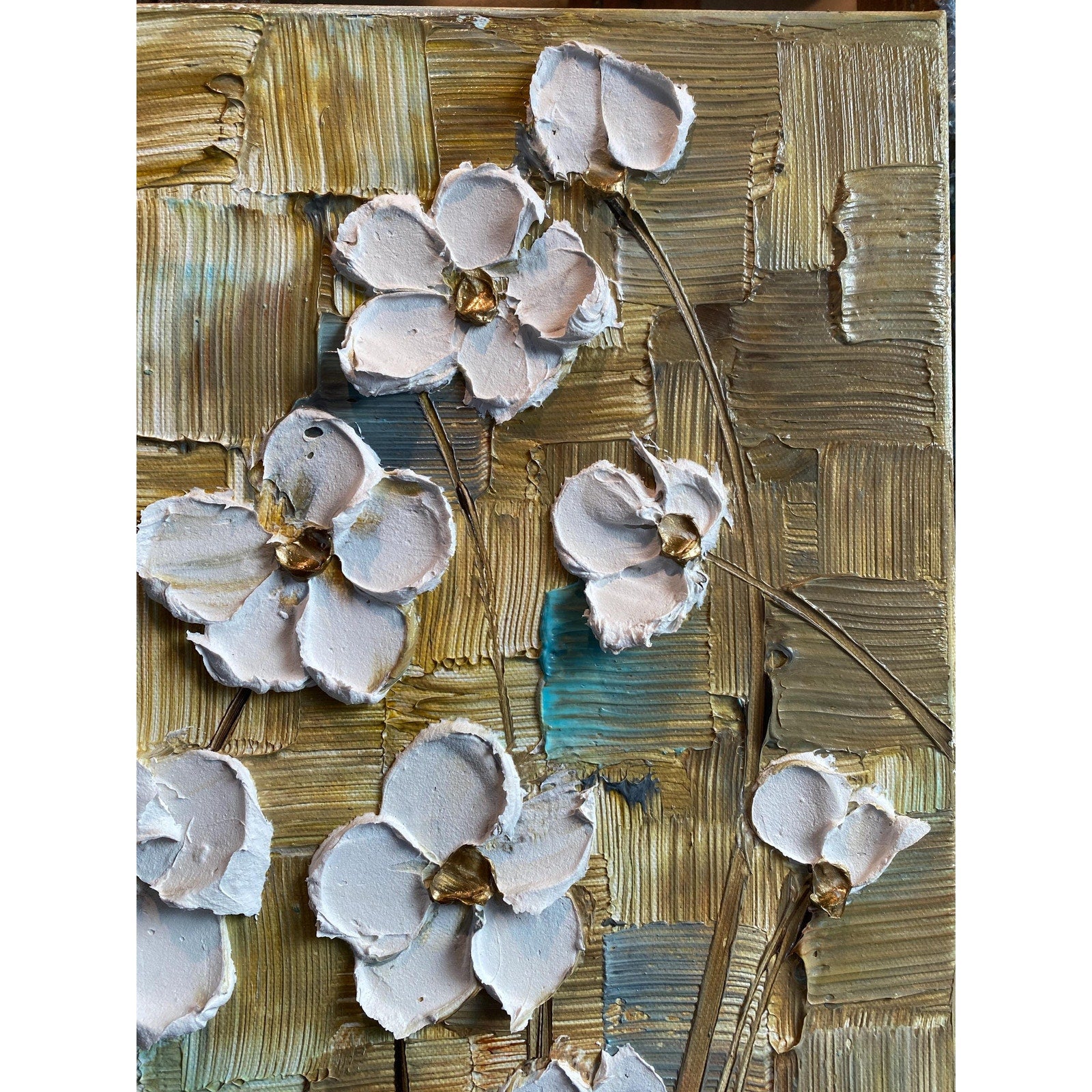 Original Abstract White Textured Flowers Impasto Painting: Palette Knife Fine Art (20"x20")