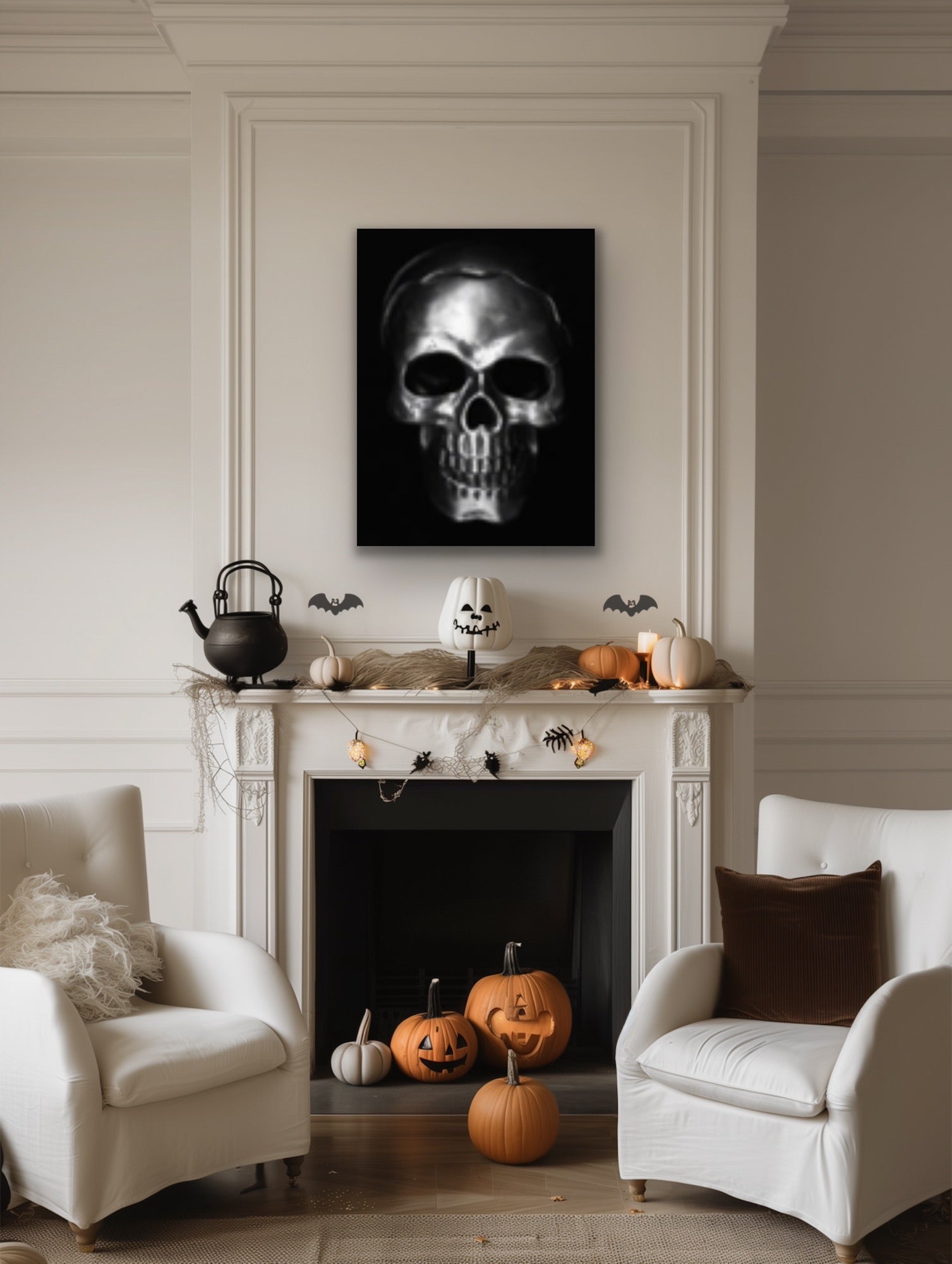 Silver skull on black, Original Photography, Gothic Halloween Wall art home decor, Stretched Canvas, Fine Art Giclee PRINT, Small-X large