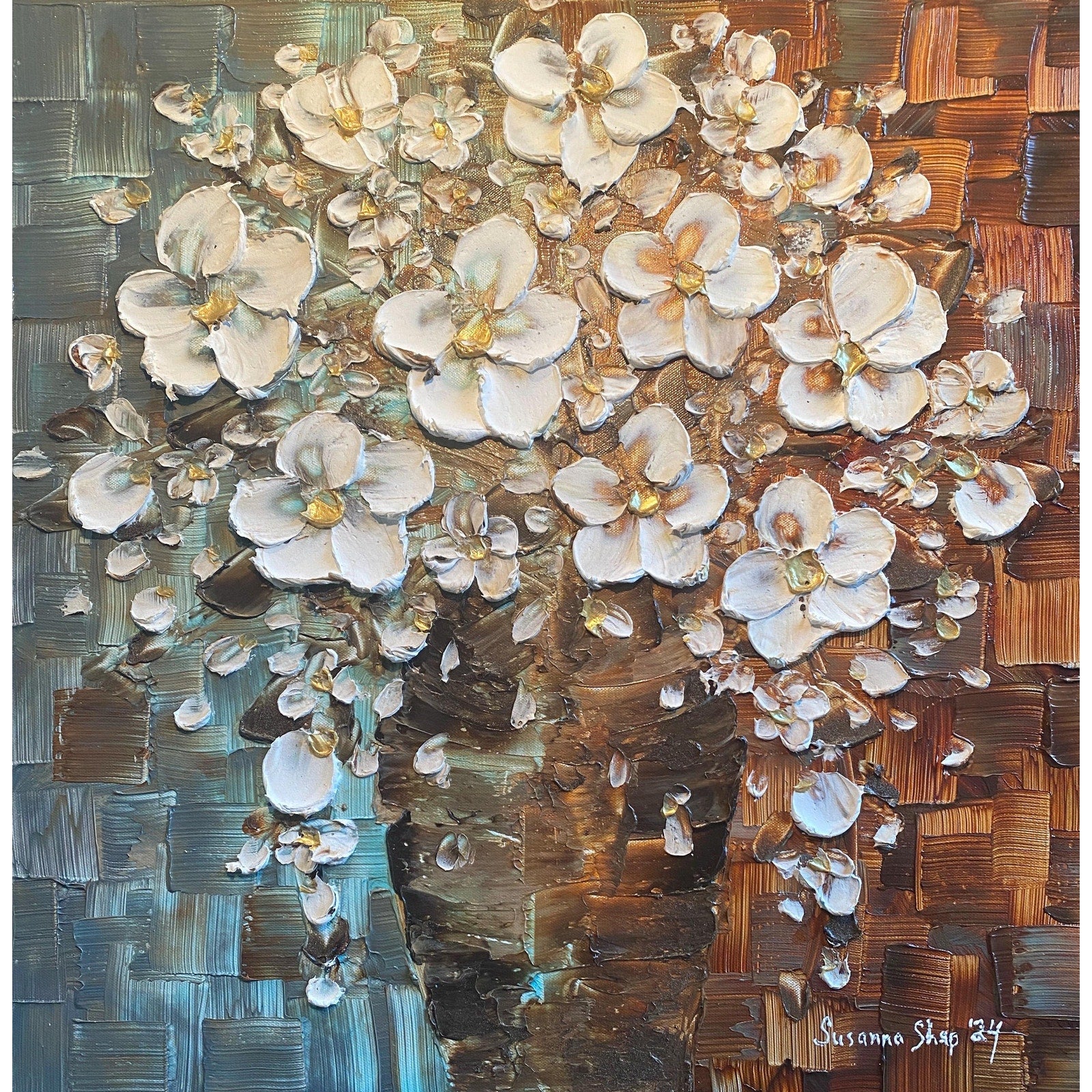 Abstract Heavy Textured White Flower Blossoms Bouquet, Still life Original Painting on Canvas, Impasto palette knife Art 24”x24”