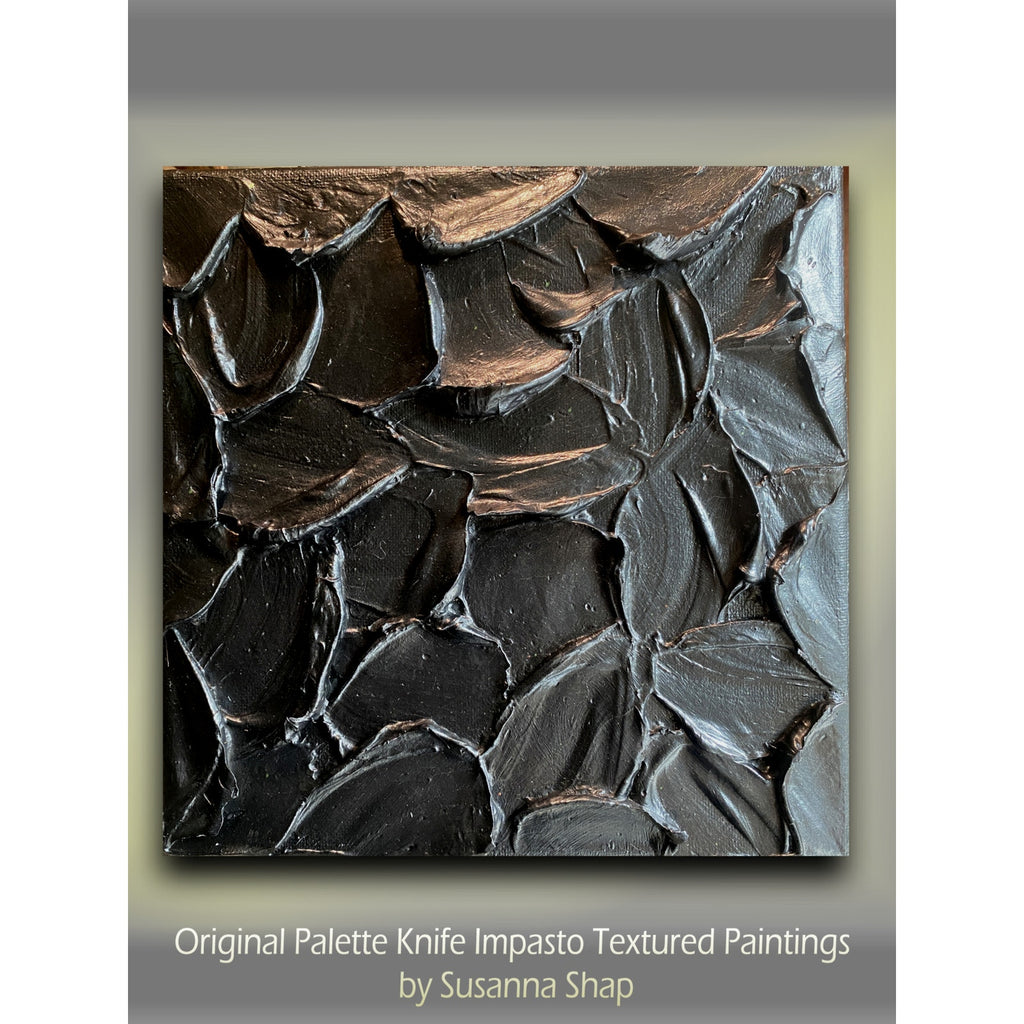 "obsidian" Metallic black ORIGINAL Abstract Textured painting, Palette knife Impasto Textured, Small 8" x 8""