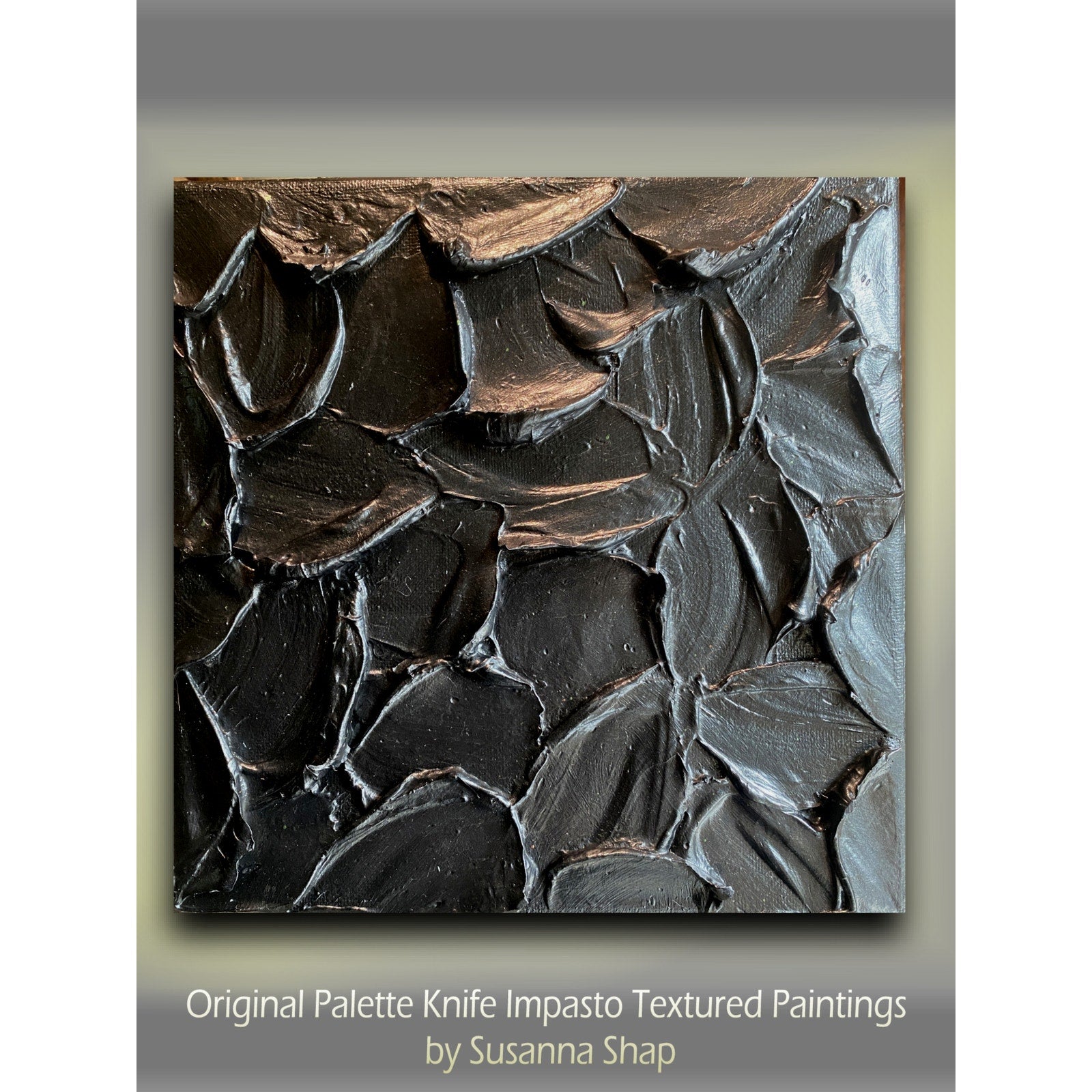 "obsidian" Metallic black ORIGINAL Abstract Textured painting, Palette knife Impasto Textured, Small 8" x 8""