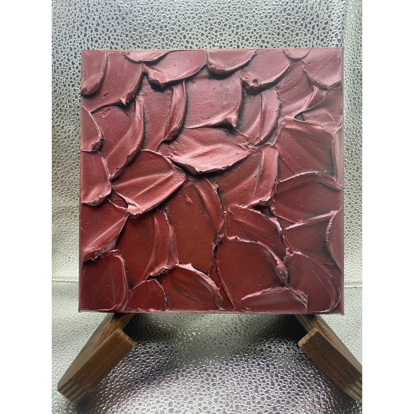 ORIGINAL Abstract Textured painting Metallic Garnet Red, Palette knife Impasto Small 8" x 8"