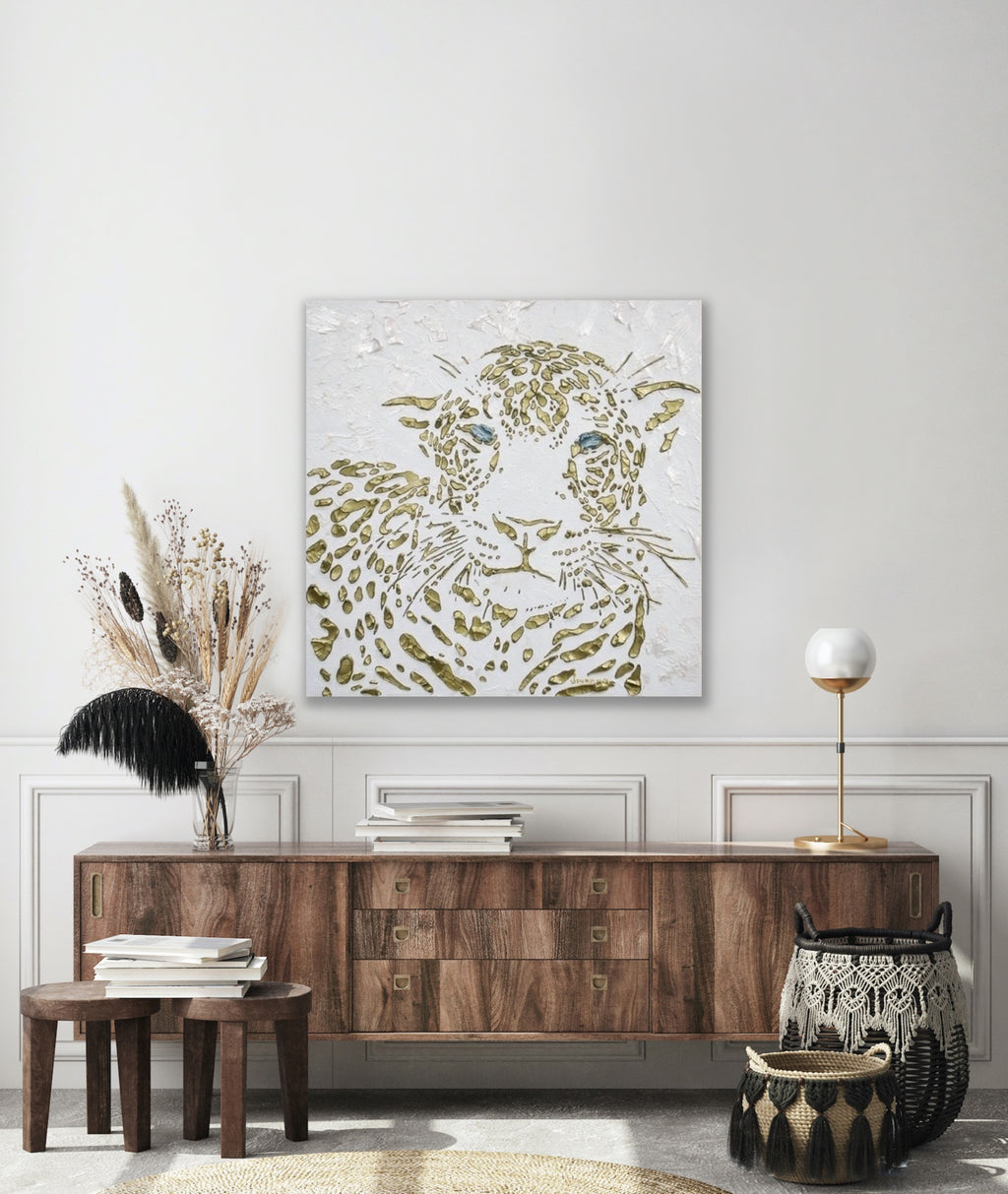 Original Leopard Painting MADE2ORDER Gold On White Textured Palette Knife Art