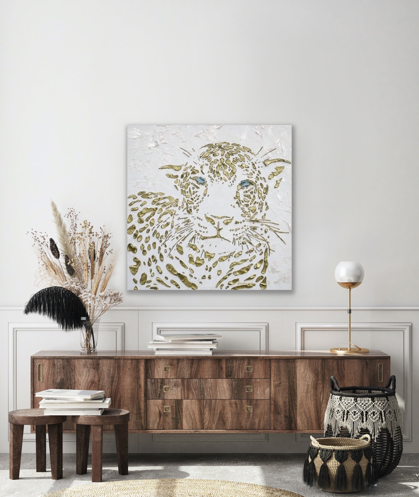 Original Leopard Painting MADE2ORDER Gold On White Textured Palette Knife Art