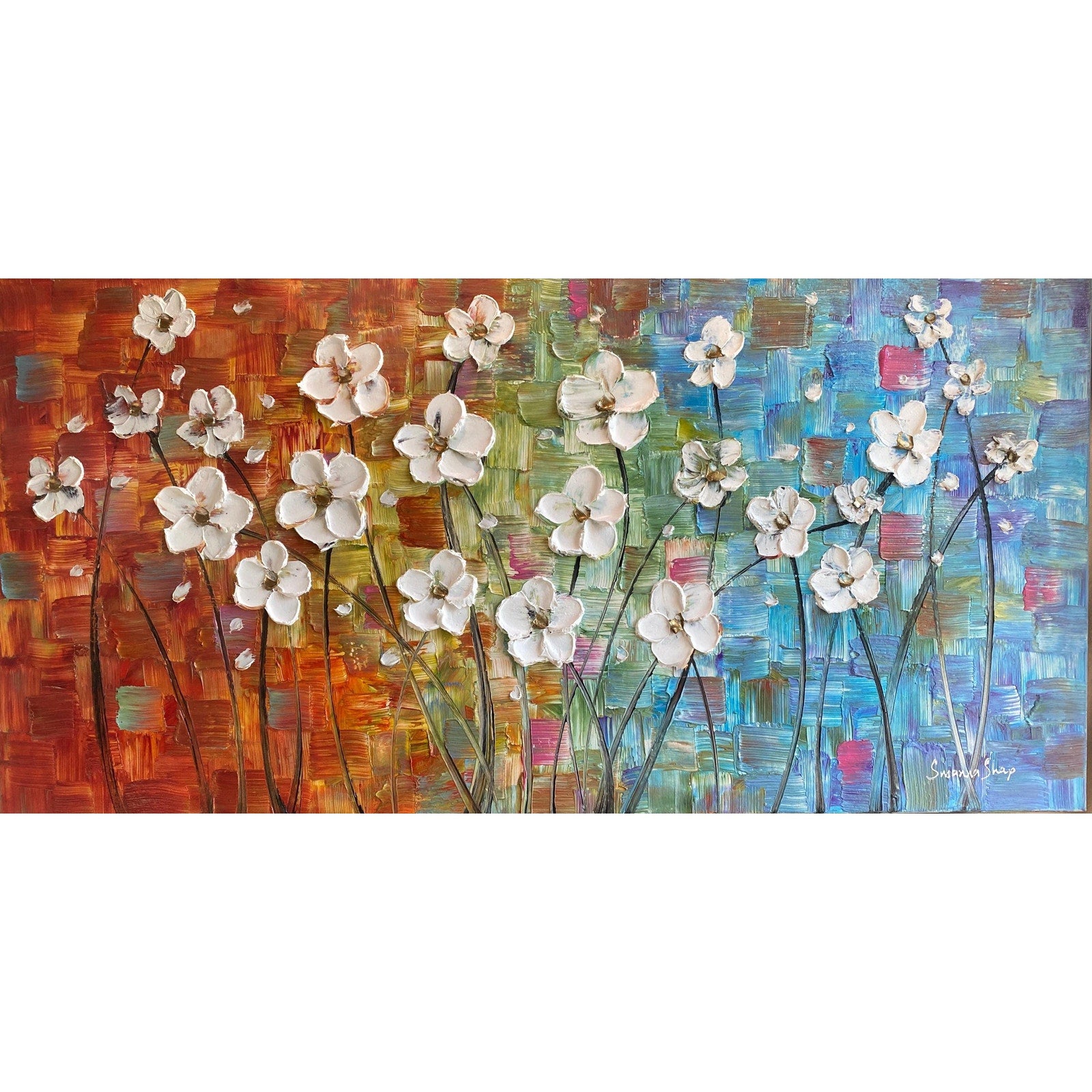 Original Large Abstract multicolored painting White Flowers, Textured Palette knife impasto Floral Fine Art (48"x24")