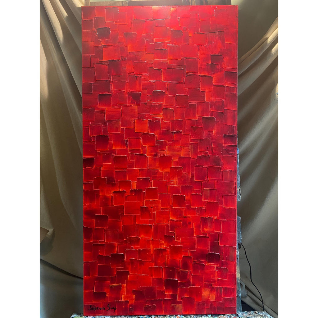 ORIGINAL Large Red Abstract painting, Squares, Geometric Textured 48"x24" Palette knife Art- by Susanna Shap