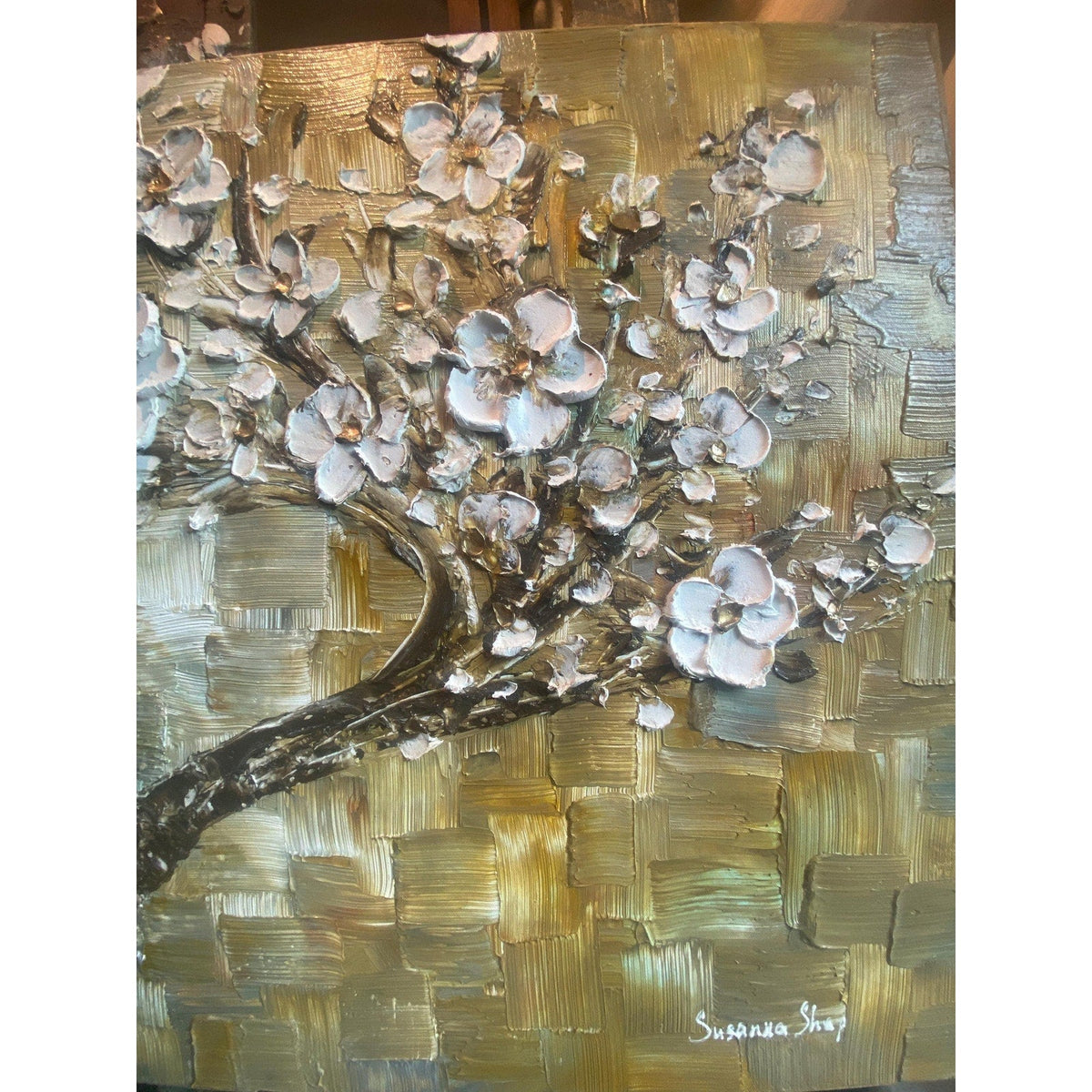 Original Impasto Texture Earth Tones Abstract tree painting White cherry blossom, Grey, Brown & Beige palette knife art by susanna shap (MADE2ORDER)