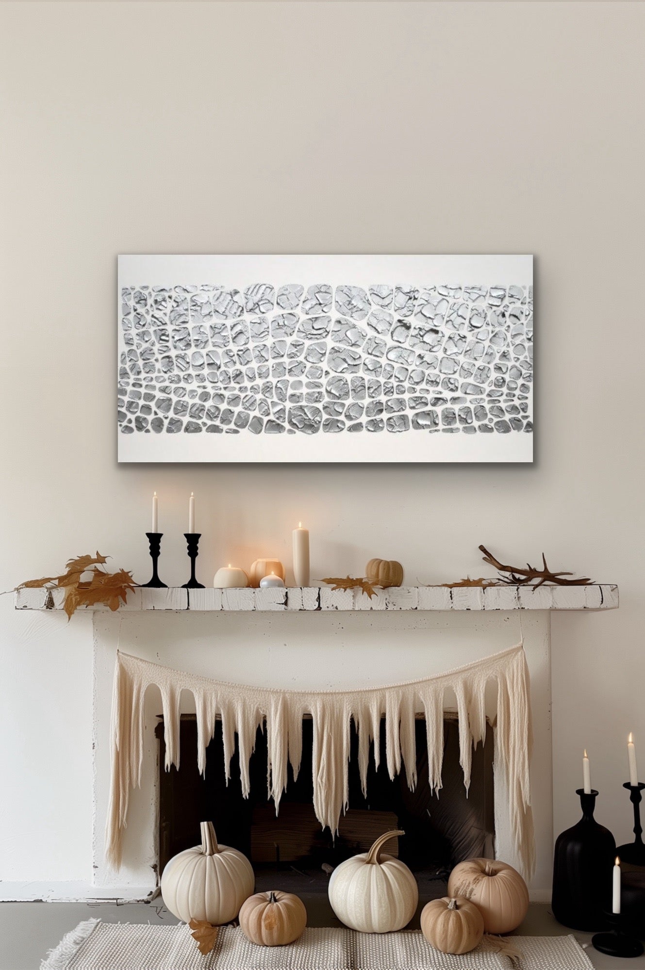 Original painting, metallic silver on white, Textured Large Abstract Art MADE2ORDER Mosaic Painting (48”x24”)