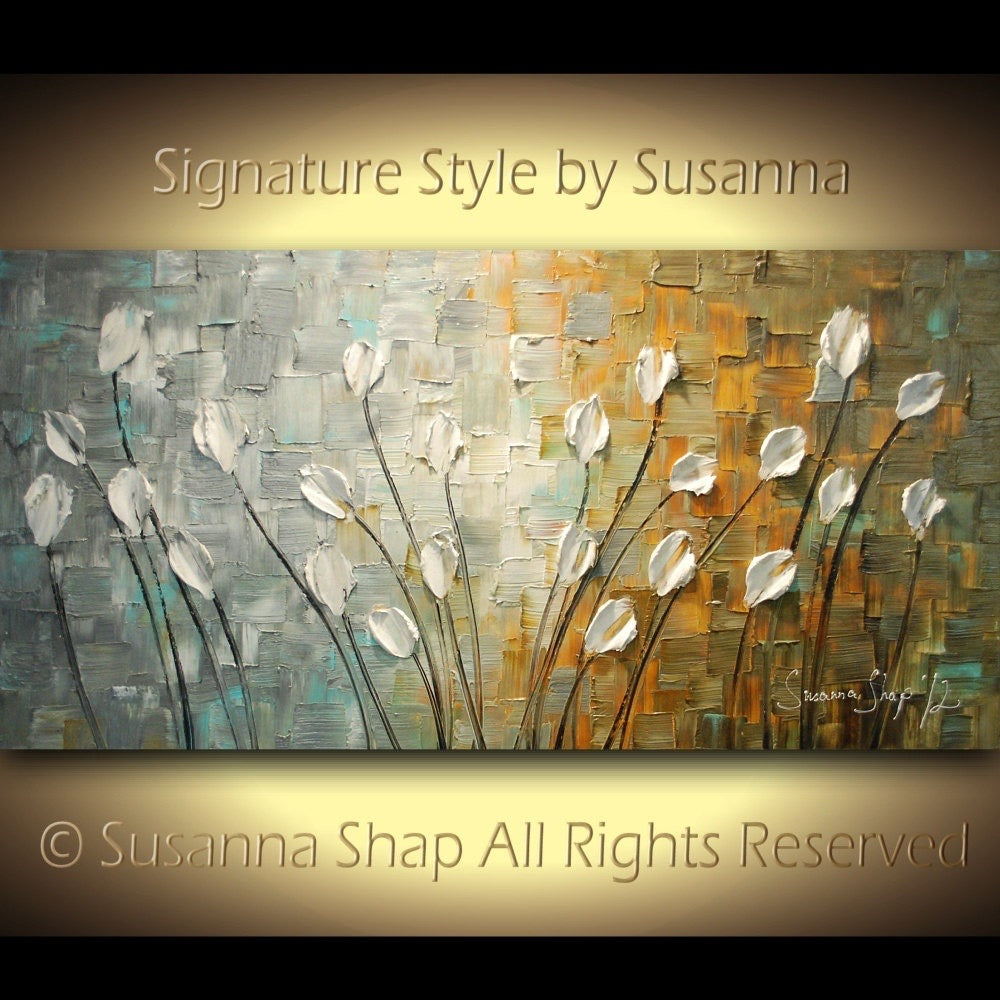 Original Painting White Tulips Abstract Landscape, Earth tones Grey Beige Impasto Textured palette knife art by susanna shap (MADE2ORDER)